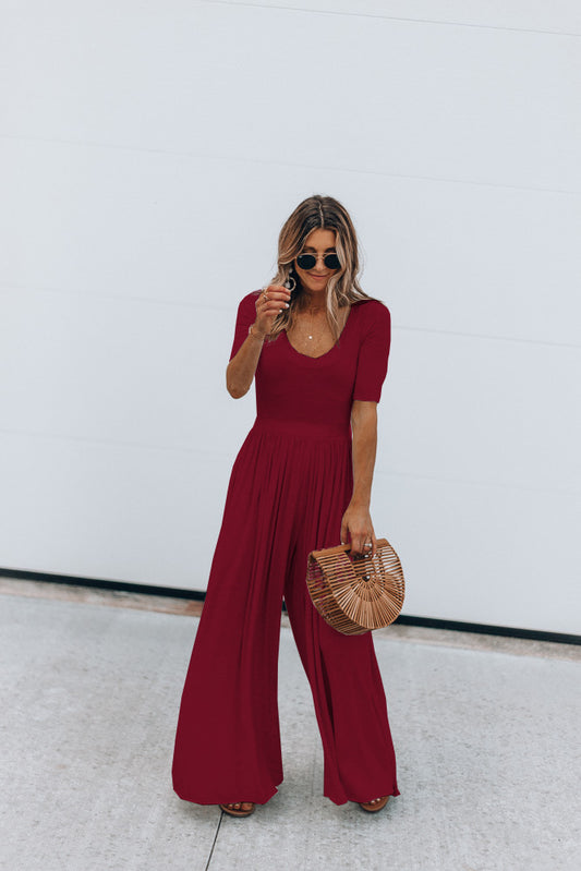 Solid Color Short Sleeve Leg Loose Jumpsuit