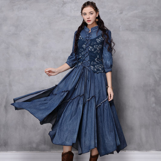 Vintage Embroidered Mid-sleeve Denim Dress